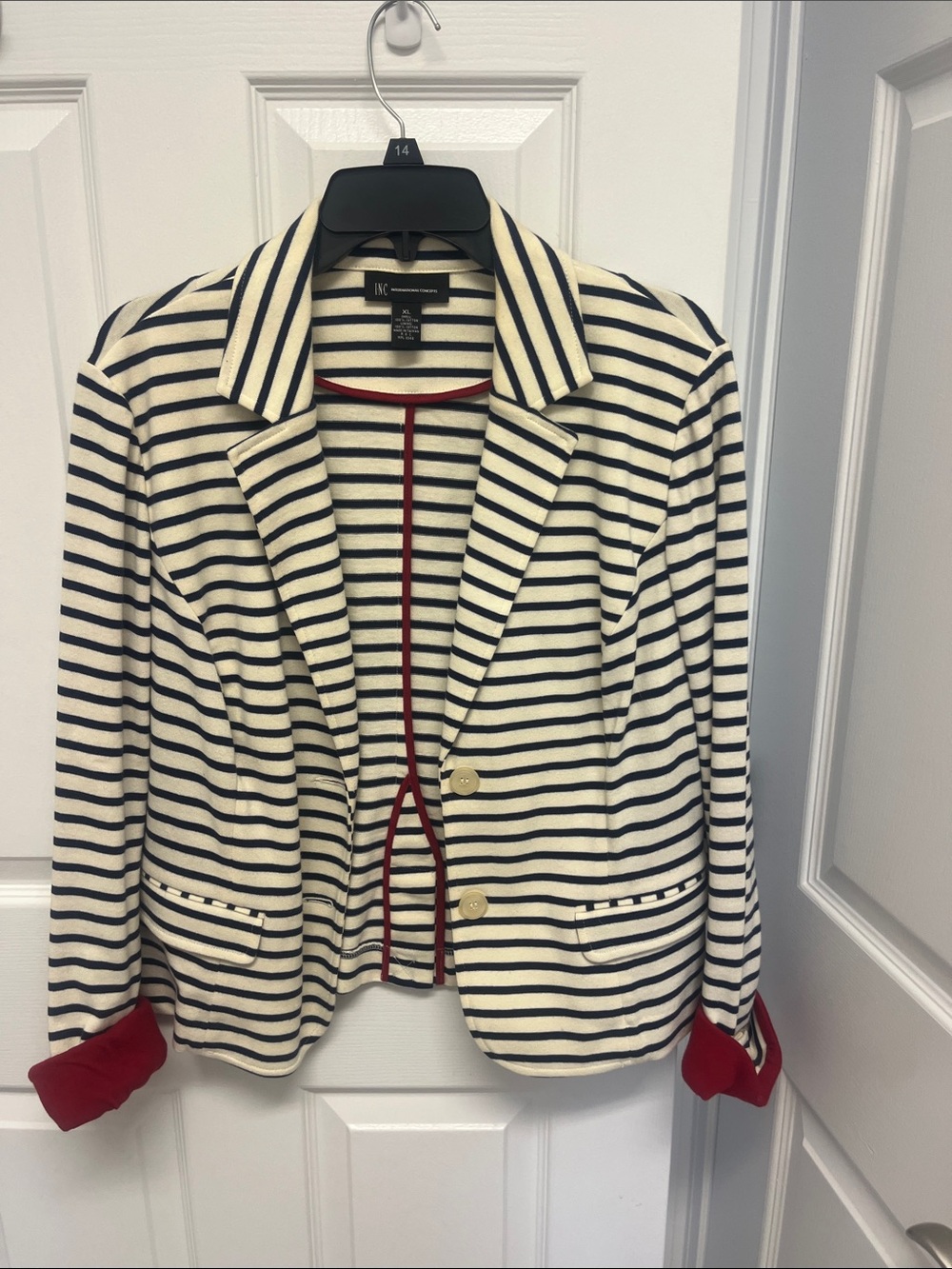 INC International Concepts Cream and Navy Striped Blazer with Red Trim